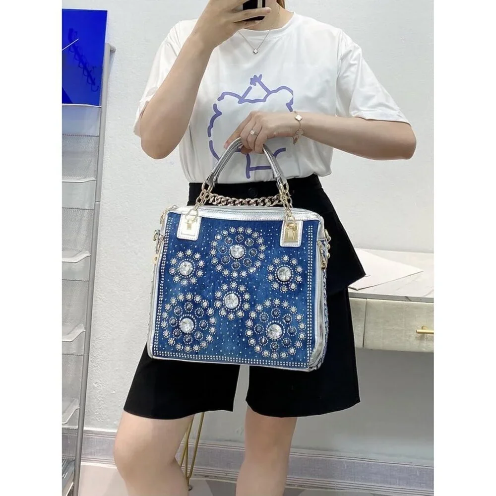 Women's Denim Crossbody Bag Rhinestone Large Purse for Casual and Formal Wear